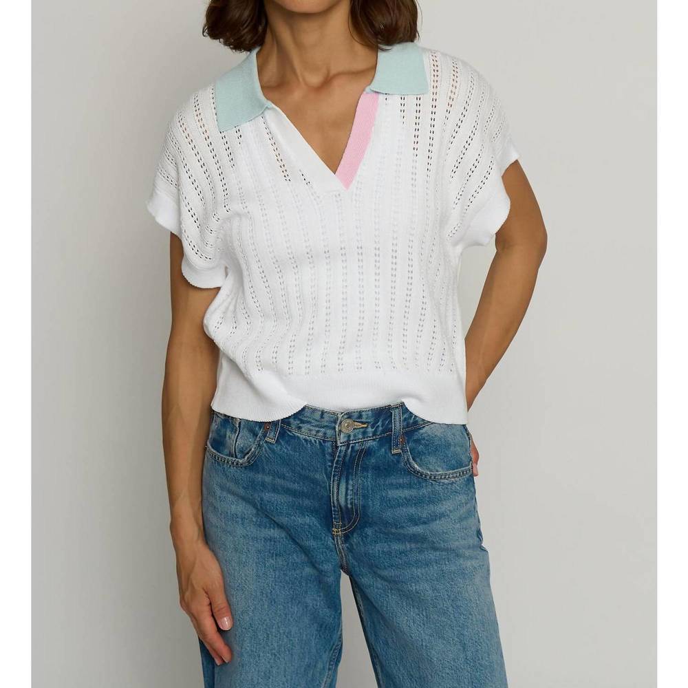 NEW CENTRAL PARK WEST color block pointelle polo sweater in ivory